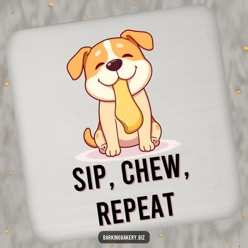 Funny dog coaster featuring a dog playfully catching a falling pastry mid-air, protecting surfaces with humor.