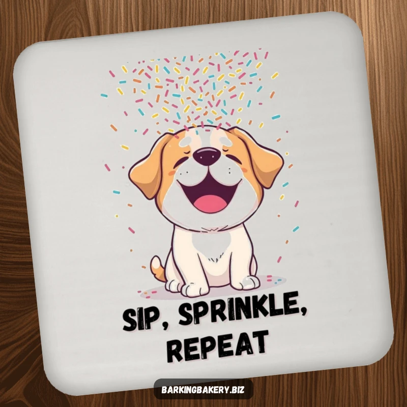 Funny dog coaster depicting a cute, giggling pup happily enjoying a messy shower of colorful sprinkles.