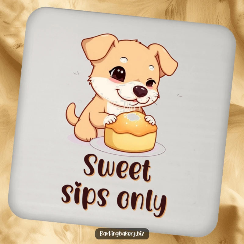 Funny dog coaster featuring a dog winking while sprinkling sugar onto a freshly baked treat, adding a touch of fun.