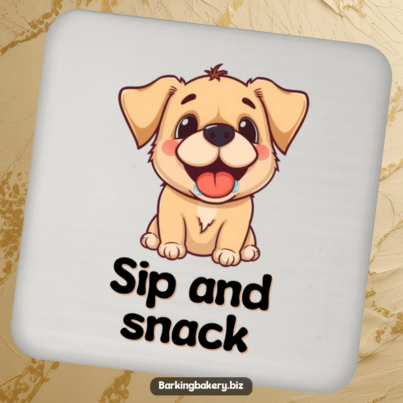 Funny drink coaster with a dog's drooling grin, showing anticipation for a treat, a humorous accessory.