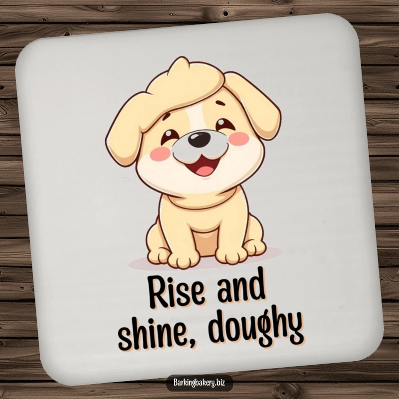 Funny drink coaster with a dog completely covered in dough, wiggling with pure joy.