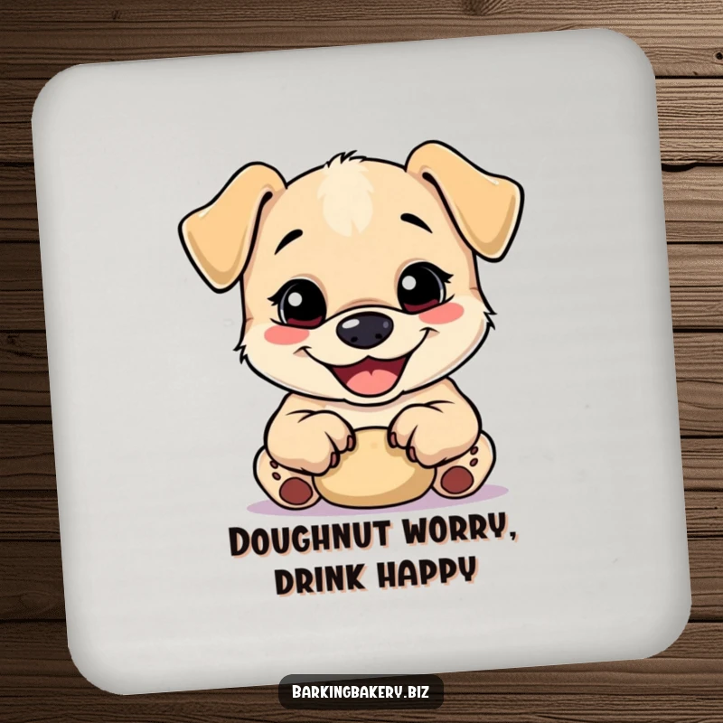 Funny happy puppy kneading dough with tiny paws, a humorous design for a protective drink coaster.