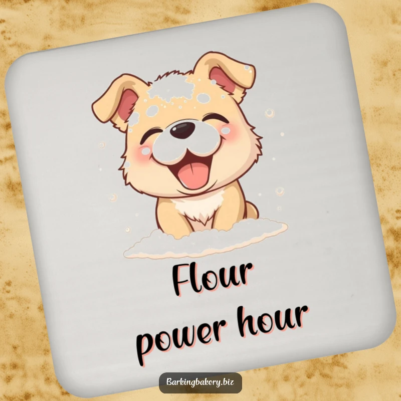 Funny dog giggling while covered in a dusting of flour, a protective drink coaster, perfect funny gift for kitchens.