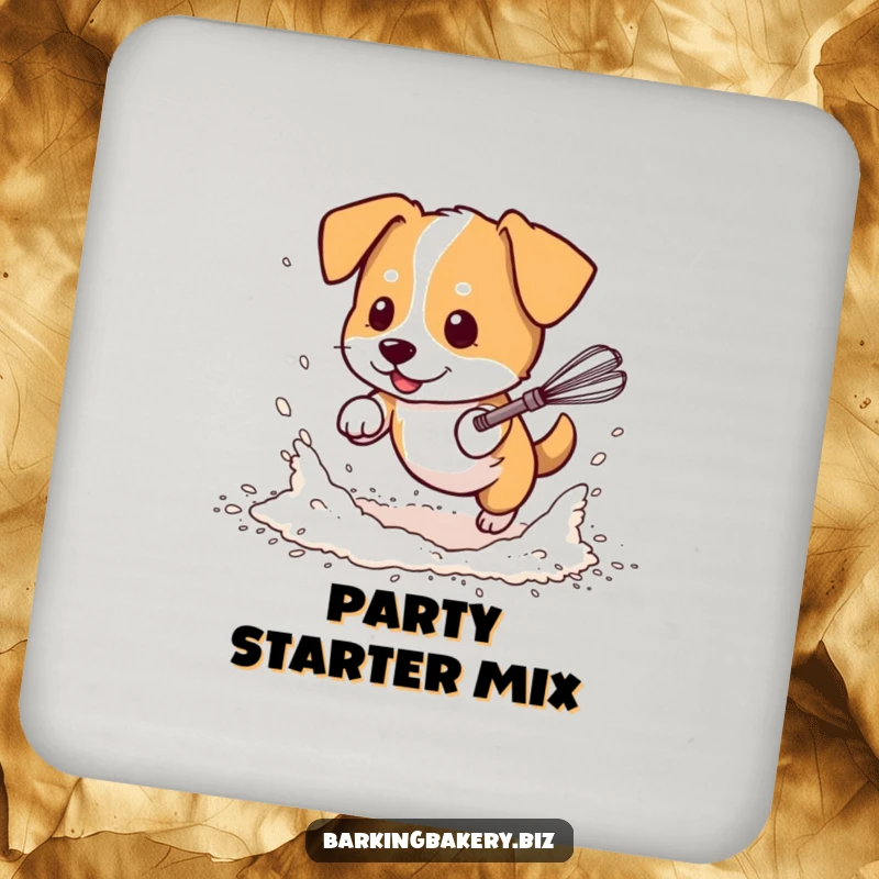 Funny dog coasters, a dog in flour chases a dancing whisk, great for protecting tables with a humorous baking theme.