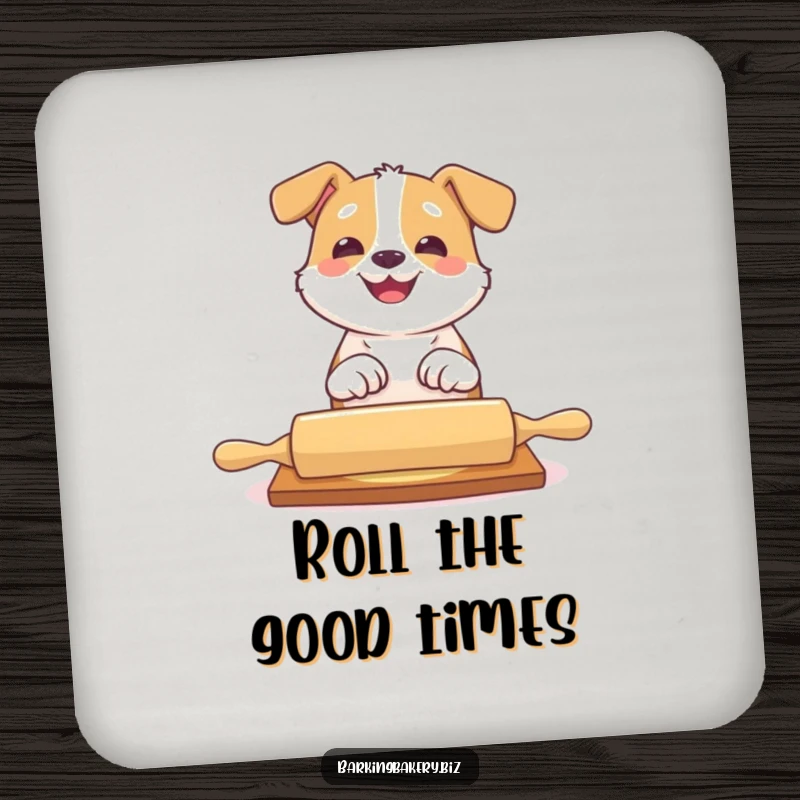 Funny dog coaster with a dog playfully batting at a rolling pin with a big grin, protecting tables humorously.