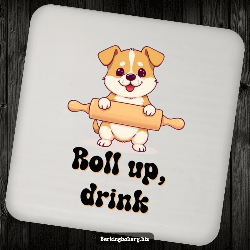 Funny drink coaster with an image of a dog hilariously using a rolling pin much larger than its body.