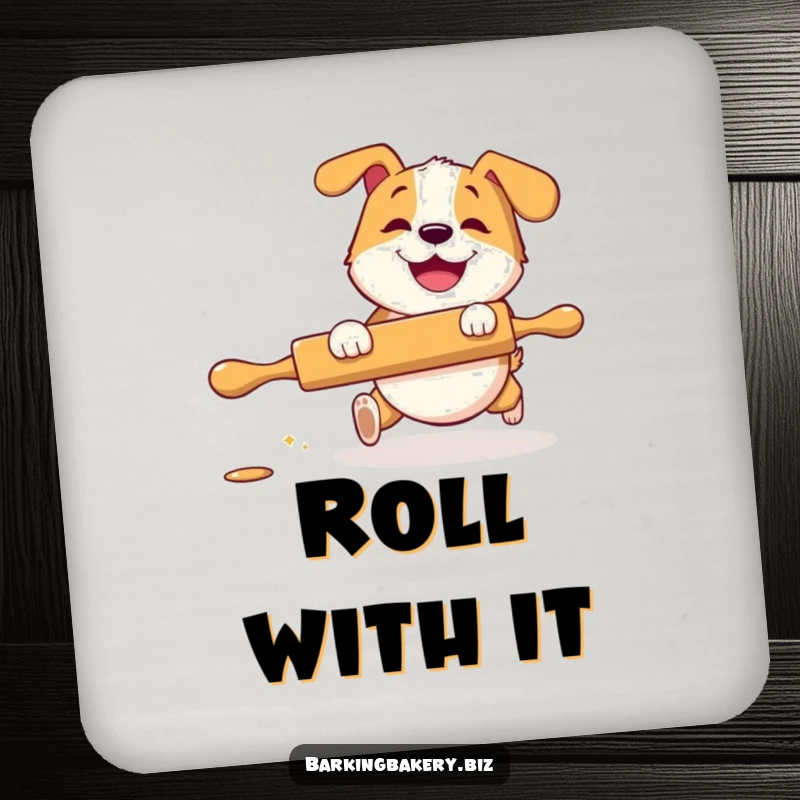 Funny Coasters: A dog with a grin playfully chases a rolling pin, protecting surfaces with humorous and charming baking art.