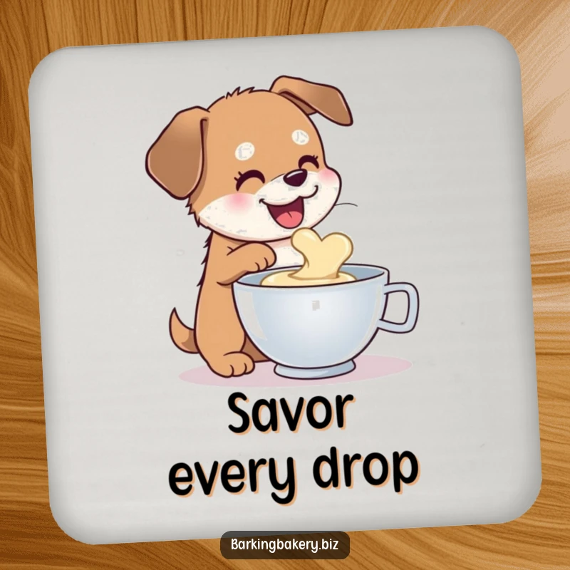 Funny dog coaster featuring a happy dog sampling batter from a mixing bowl, adding a touch of sweet fun.
