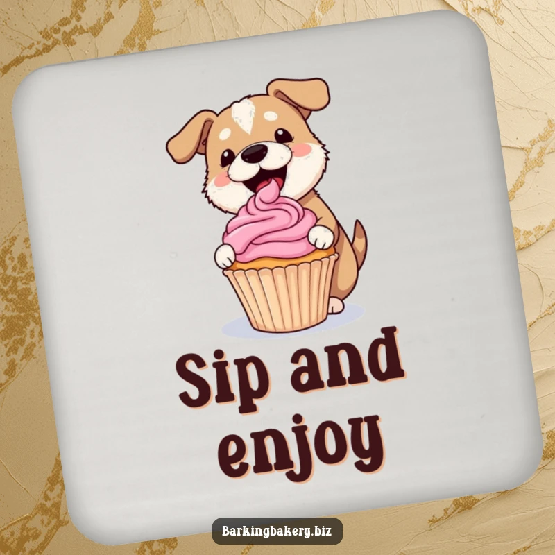 Funny dog coaster with a dog gleefully frosting a lopsided cupcake with a pink swirl, protecting tables humorously.