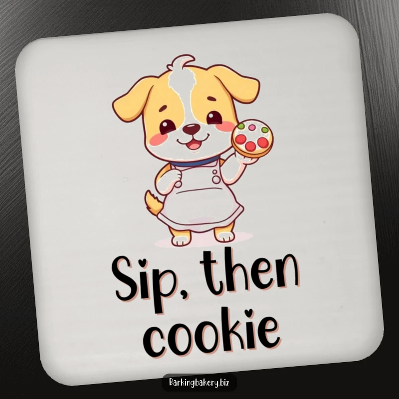 Funny dog in apron proudly displays a decorated cookie, a humorous design for a protective drink coaster.