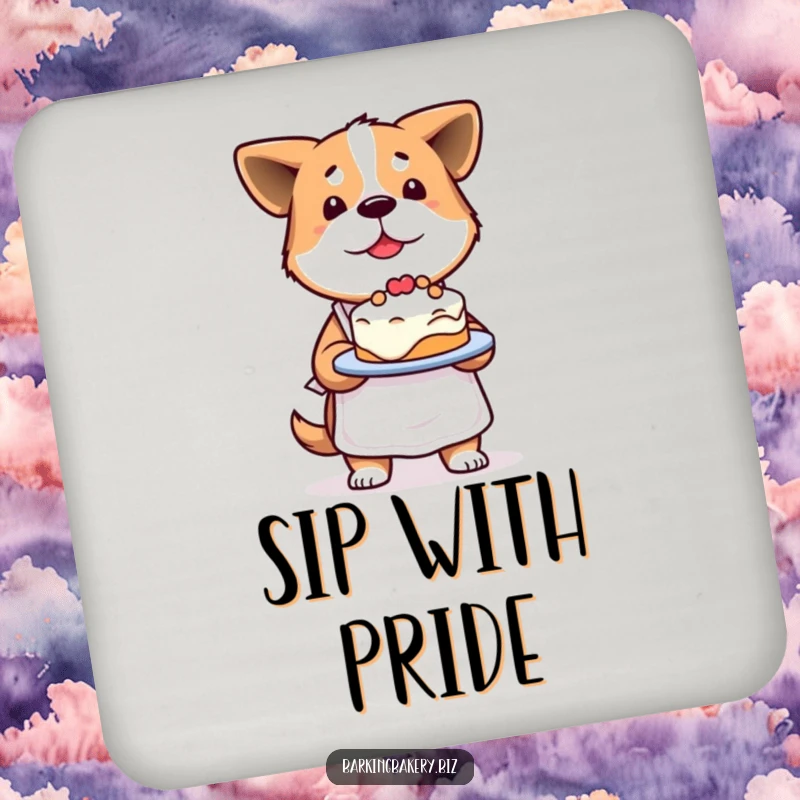 Funny Determined Dog Drink Coaster: A proud dog presents a slightly lopsided cake, adding cute humor to your table.