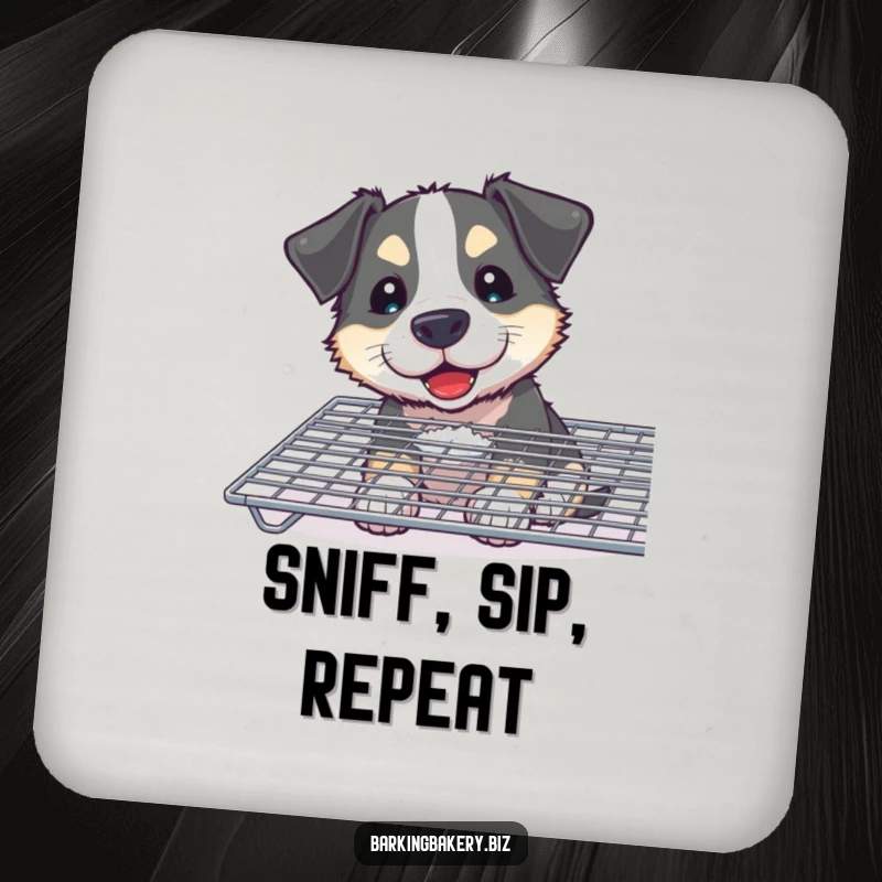 Funny Curious Dog Drink Coaster: A dog with a flour smudge sniffs a cooling rack, adding cute humor to your table.