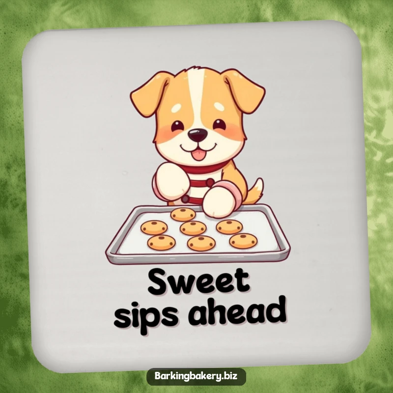 Funny dog coaster with an image of a dog in oven mitts, carefully placing cookies on a baking sheet, practical and cute.