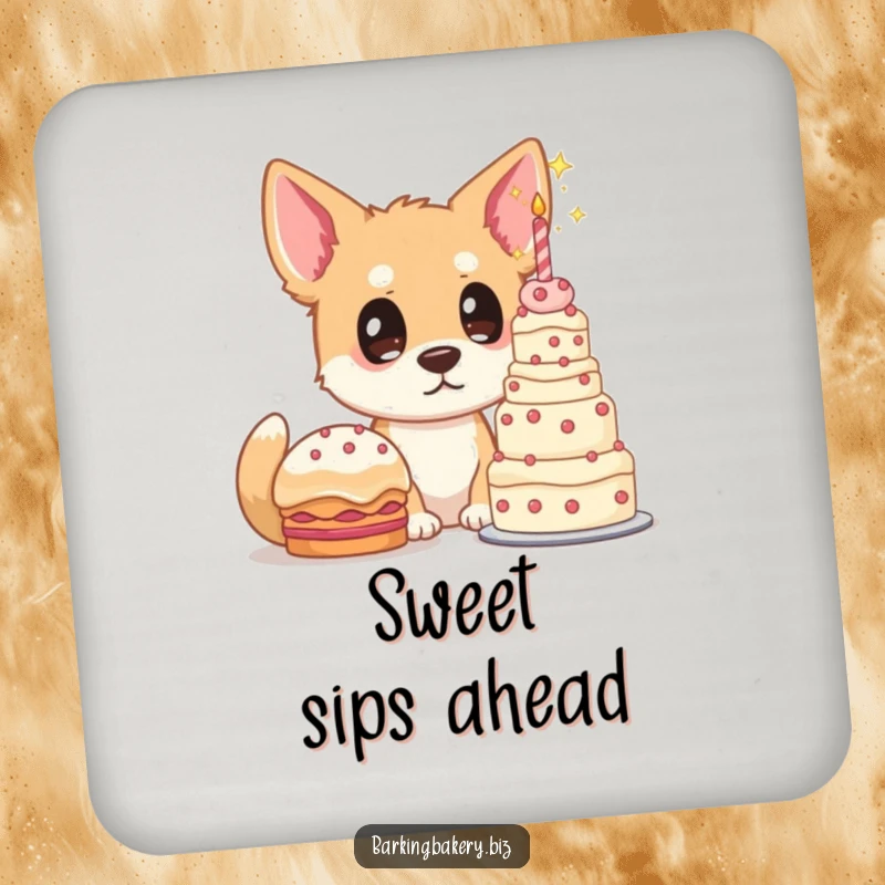 Funny dog coasters, a dog with starry eyes gazes at a towering cake, great for protecting tables with a sweet theme.