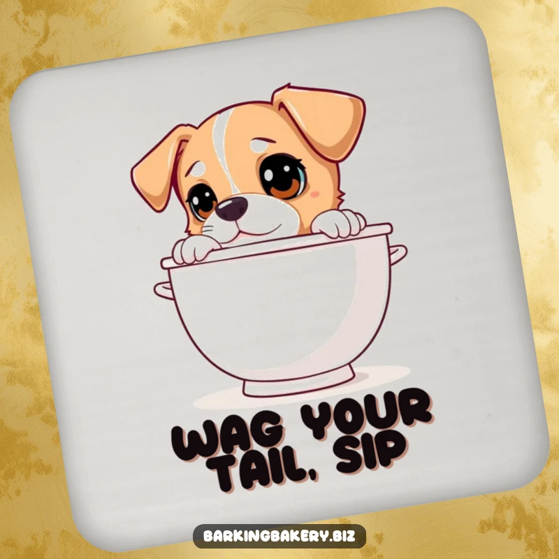 Funny dog peeking over a giant mixing bowl with curious eyes, featured on protective drink coasters.