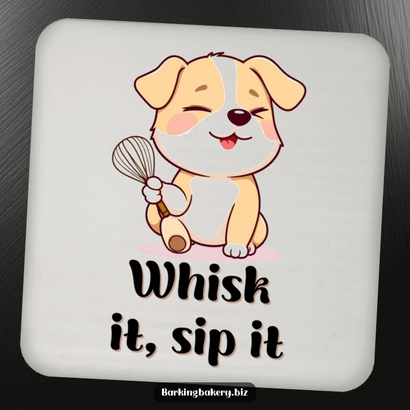 Funny dog holding a whisk winks playfully, a humorous design for a protective drink coaster.