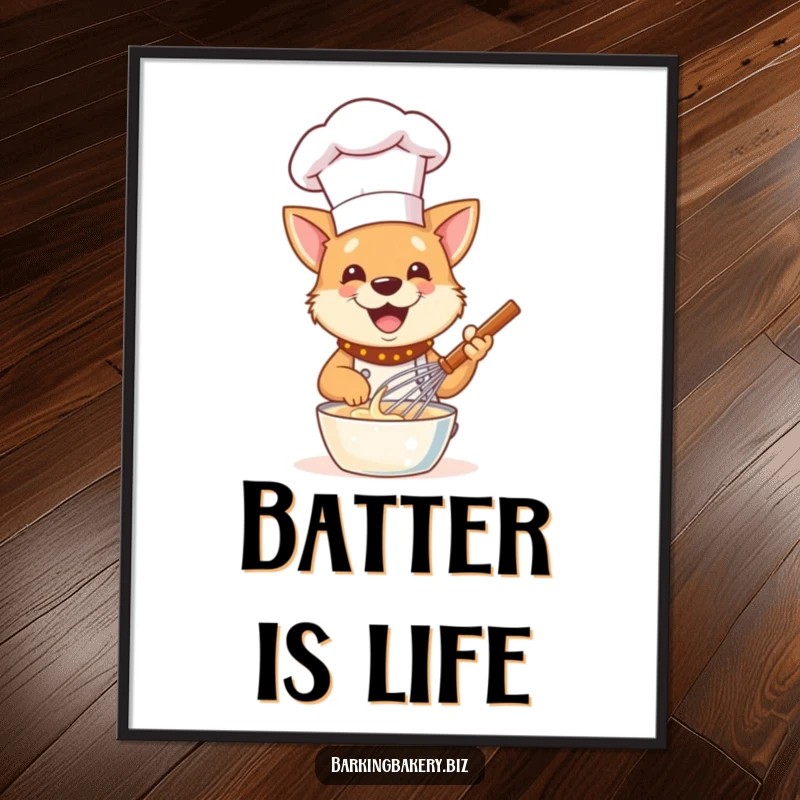 Funny Dog Chef Poster: A delighted dog in a chef hat gleefully whisks batter, adding humor to wall decor.