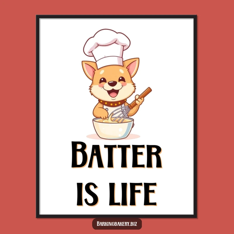 Funny Dog Chef Poster: Gleeful Baker Whisking Batter Art, Unique Dog Lover Decor