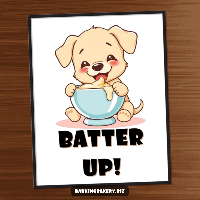 Funny puppy joyfully tastes batter from a mixing bowl, a charming and funny poster for bakers.