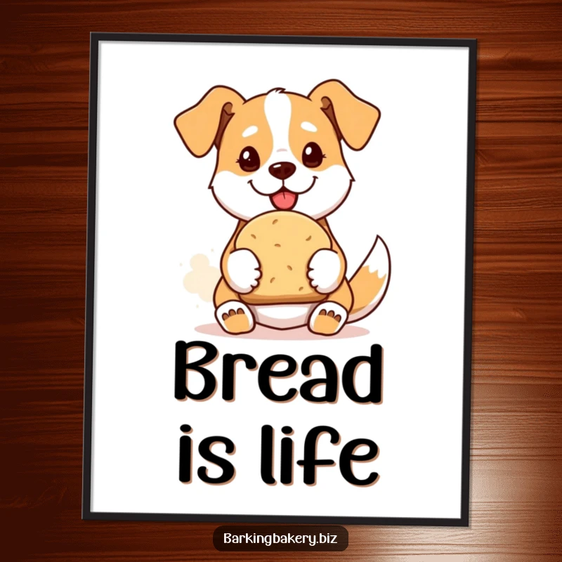 Funny poster art of a proud dog offering a freshly baked loaf of bread, perfect for kitchen decor.