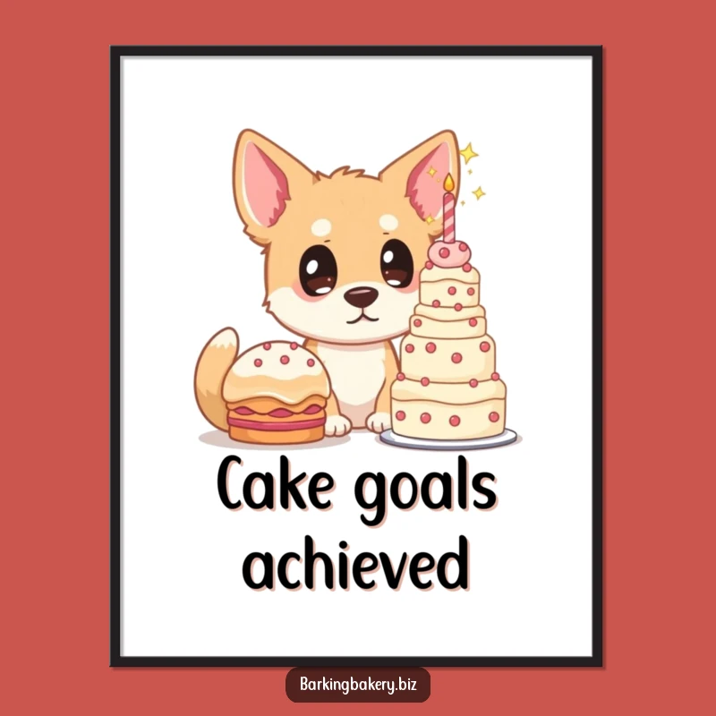 Funny Dog Cake Lover Poster: Starry Eyes, Towering Cake Art for Walls
