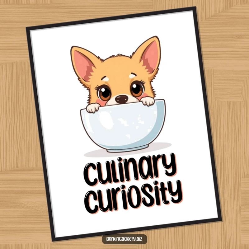 Funny dog art poster illustrating a curious puppy with wide eyes caught in the act of peeking into a mixing bowl.