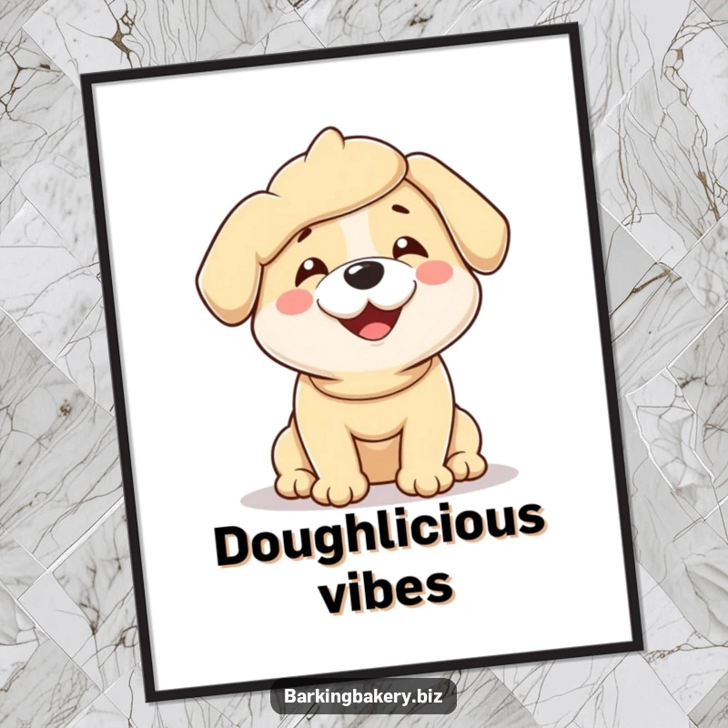 Funny poster art of a dog completely enveloped in sticky dough, wiggling with sheer, overwhelming happiness.