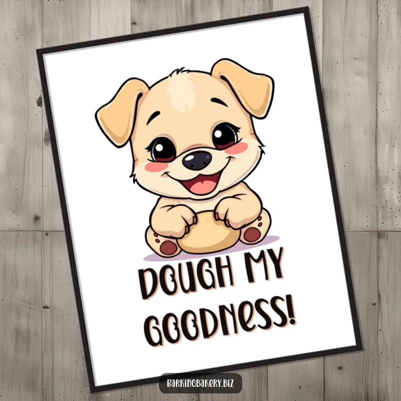 Funny happy puppy kneading dough with tiny paws, a charming and funny poster for bakers.