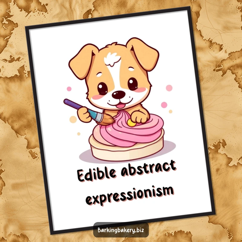 Funny dog poster featuring an adorable pup creating beautiful swirls in colorful frosting with a paintbrush.