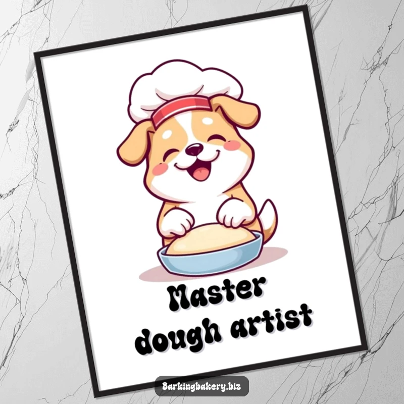 Funny poster art of a dog wearing a chef hat, joyfully kneading dough with its paws, a master baker.