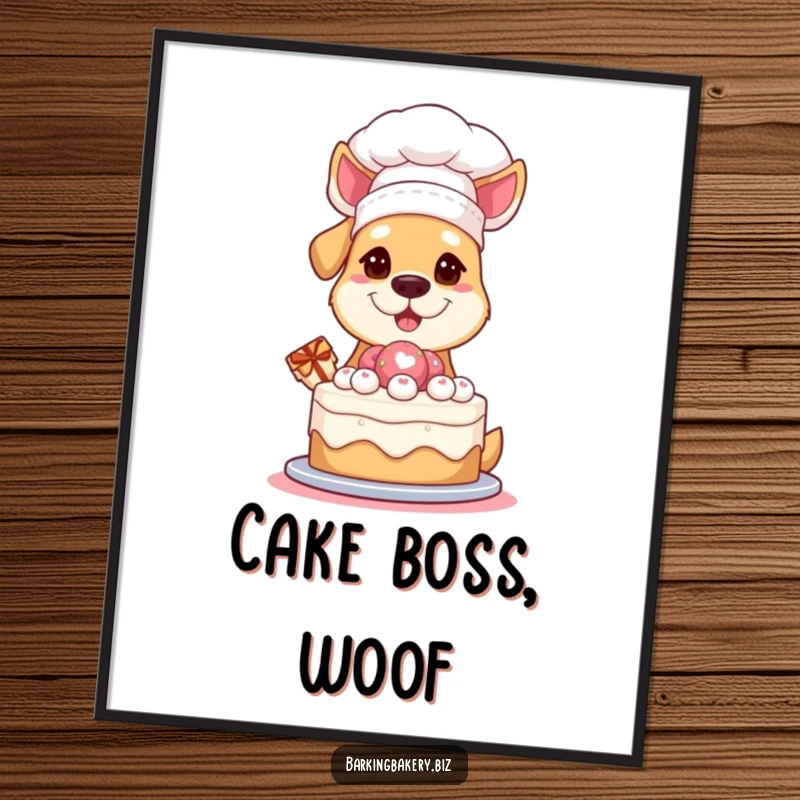 Funny Poster: A dog wearing a chef hat proudly presents a cake, bringing a humorous and celebratory vibe to any room.