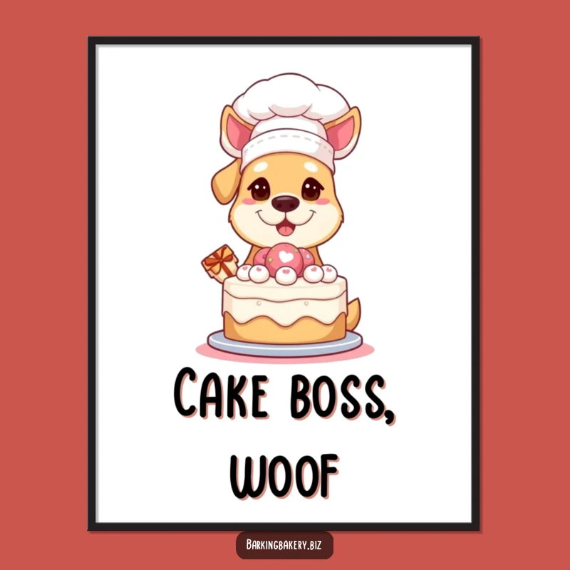 Funny Chef Dog Poster: Proud Pup in Hat Presenting Cake - Humorous Wall Art