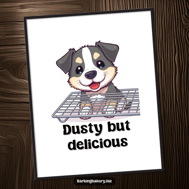 Funny Curious Dog Poster: A dog with a flour smudge on its nose joyfully sniffing a cooling rack, capturing a moment of sweet anticipation.