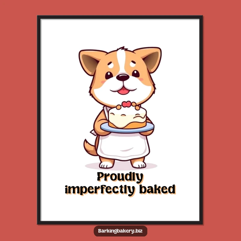 Funny Determined Dog Baker Poster: Proud Pup with Lopsided Cake, Humorous Wall Art Funny Gift