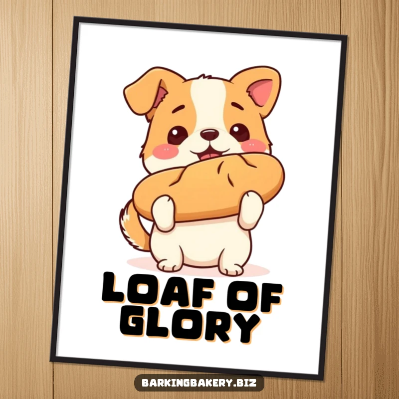 Funny dog art poster of a triumphant puppy holding a perfectly baked loaf of bread, celebrating a master baker.