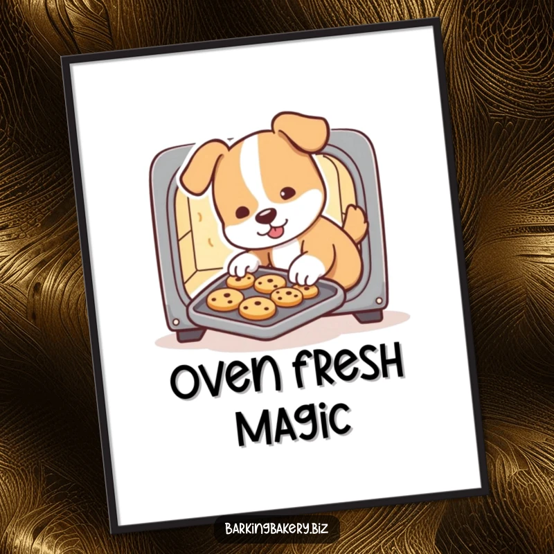 Funny dog poster, a cute puppy baker slides a tray of cookies from a tiny oven, whimsical wall art for the kitchen, delightful decor.
