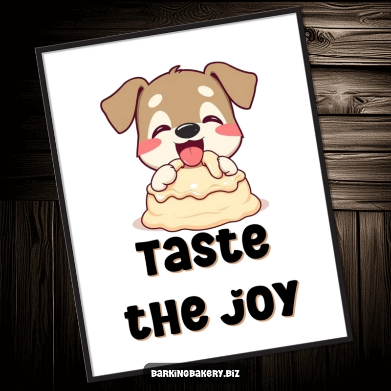 Funny Dog Poster: A dog enthusiastically tasting cake batter with a happy wag, celebrating sweet moments. Great gift.