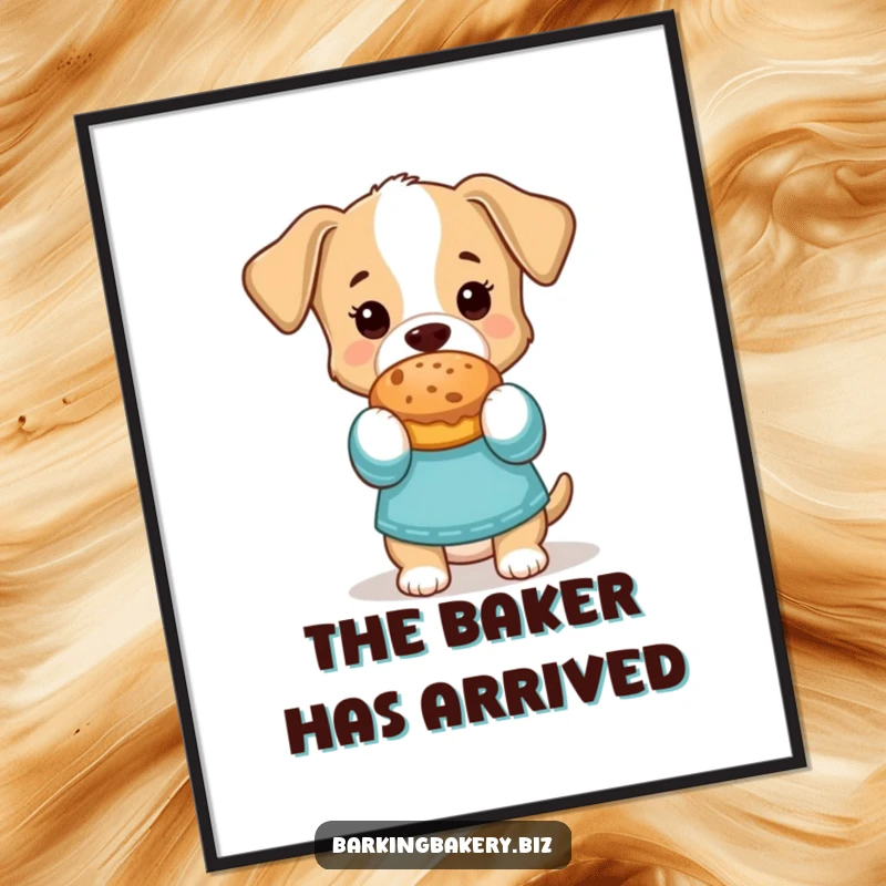 Funny Poster: A dog in oven mitts proudly presents a freshly baked treat, looking like a proud chef.