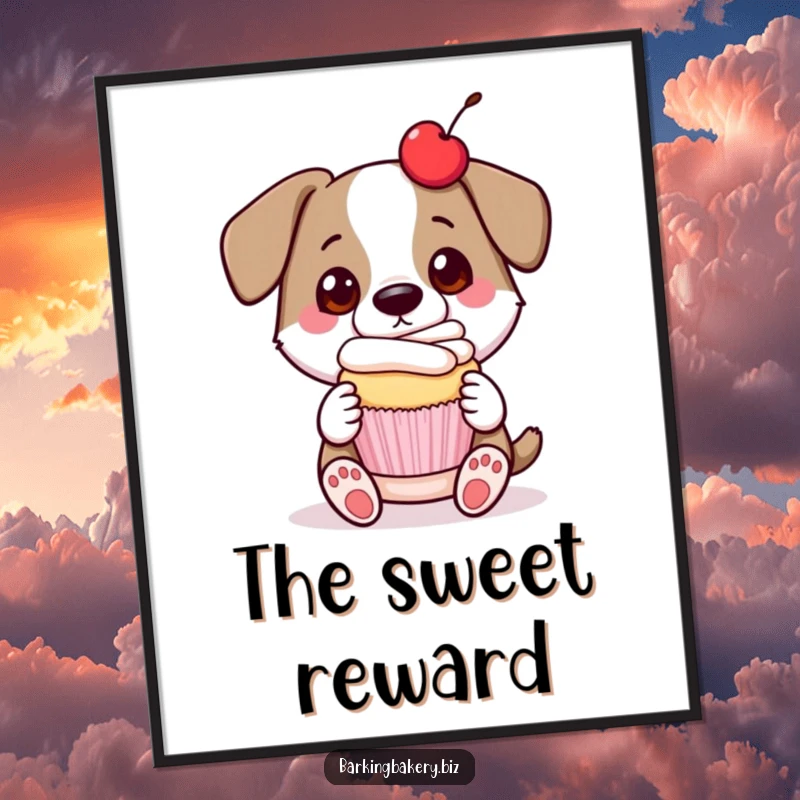 Funny dog poster of a proud dog presenting a cupcake with a cherry on top, symbolizing delicious success.