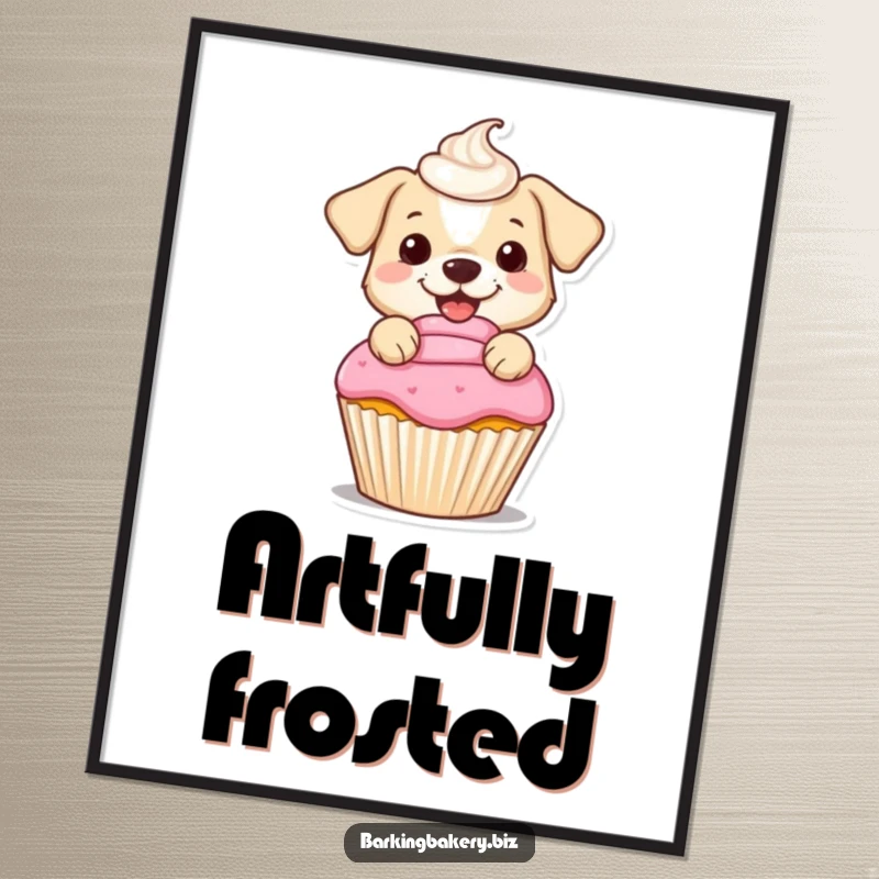 Funny poster of a small dog happily frosting a cupcake with a perfectly swirled dollop, adding sweet artistry to any room.