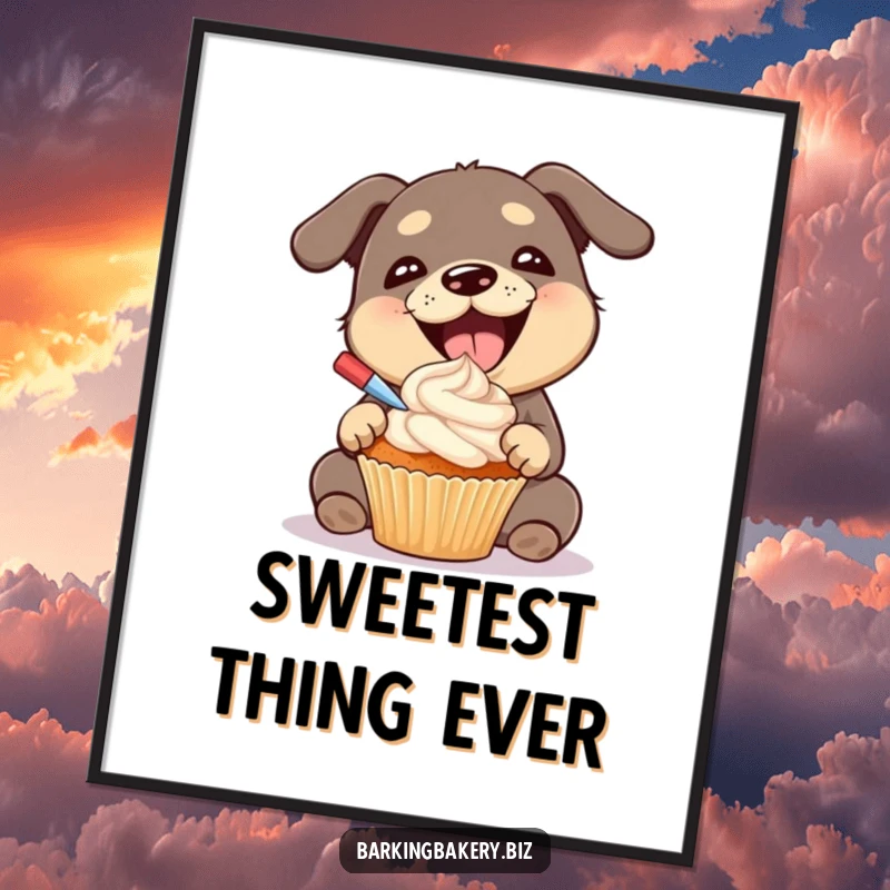 Funny dog poster depicting a gleeful dog with a wide smile, enthusiastically frosting a cupcake, a masterpiece in the making.