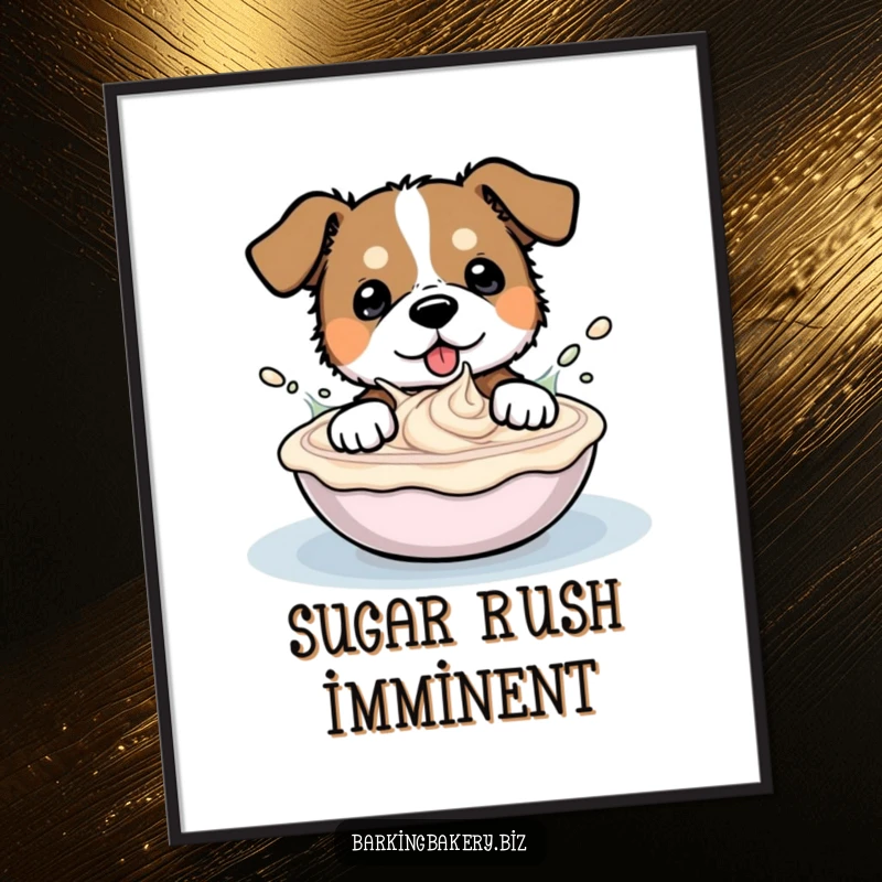 Funny poster art of an ecstatic dog joyfully splashing and playing in a huge bowl of delicious, creamy frosting.