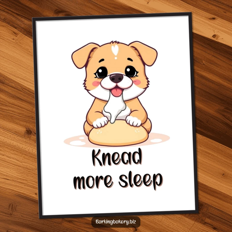 Funny dog poster showcasing a cute, flour-covered dog joyfully kneading a ball of dough, perfect kitchen or home decor.