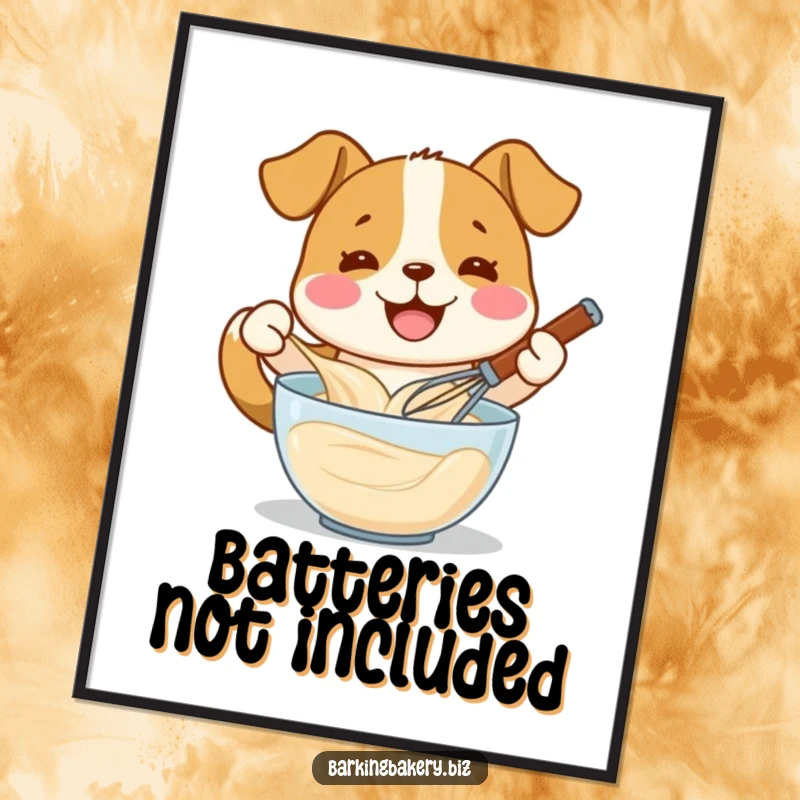 Funny dog whisking batter with a wide smile, a delightful poster, perfect funny gift for kitchens and cafes.
