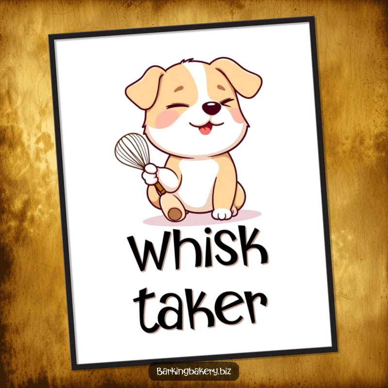 Funny dog holds a whisk and winks playfully, a charming and funny poster for bakers.