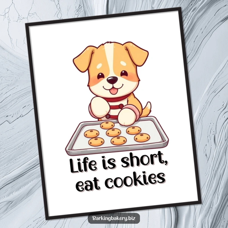 Funny dog poster depicting a dog wearing protective oven mitts, carefully placing cookies on a baking sheet, a delightful baker.