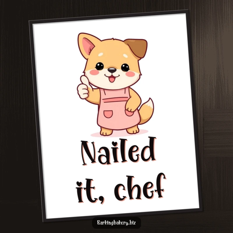 Funny dog art poster featuring a puppy in a small apron giving a thumbs up, signifying approval and kitchen readiness.