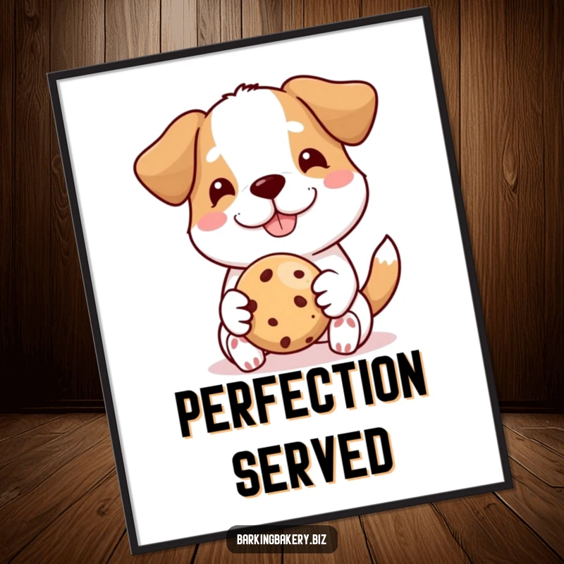 Funny dog poster, a proud dog smiles with joy, offering a perfect cookie, cheerful wall art for a happy home.