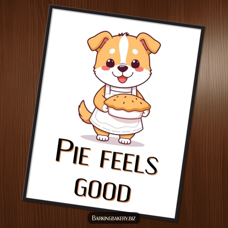 Funny dog baker poster featuring a dog in an apron proudly holding a steaming pie, a heartwarming kitchen decoration.