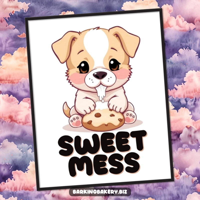 Funny Puppy Baker Poster: A puppy with flour on its nose patting a cookie, cute and heartwarming wall art.